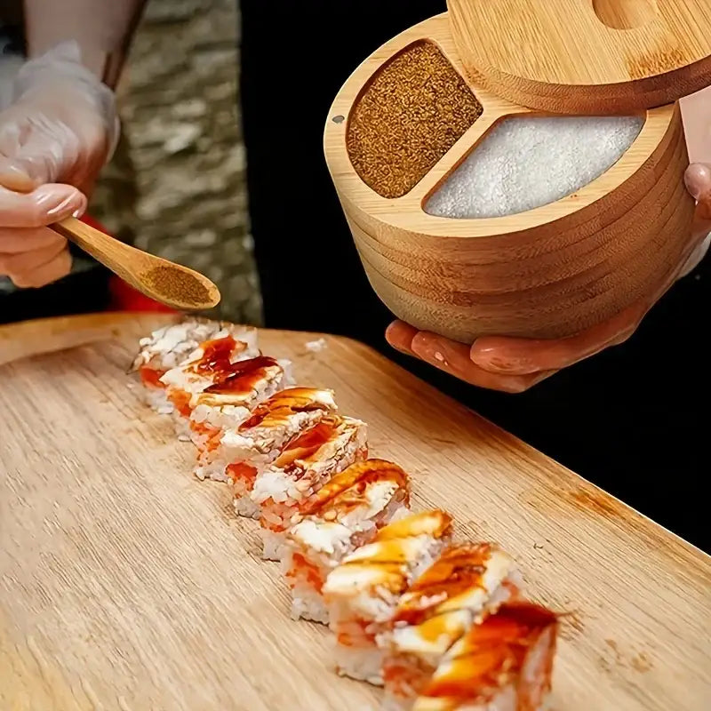 Bamboo seasoning box with spoon kitchen divided salt and pepper cellar