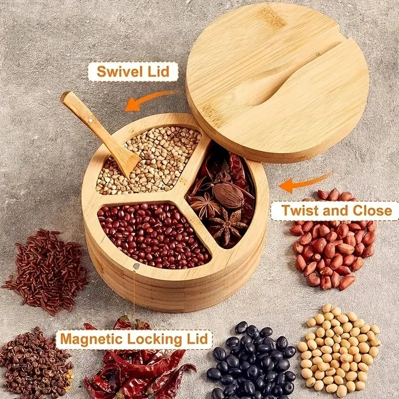 Bamboo seasoning box with spoon kitchen divided salt and pepper cellar