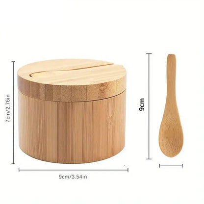 Bamboo seasoning box with spoon kitchen divided salt and pepper cellar