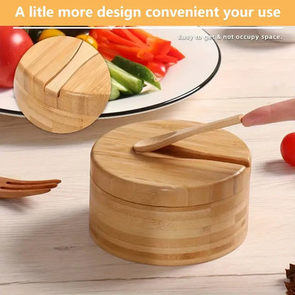 Bamboo seasoning box with spoon kitchen divided salt and pepper cellar