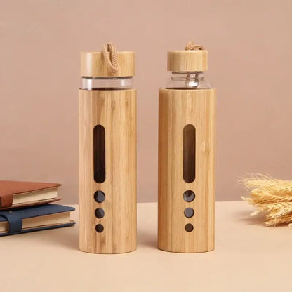 Bamboo shell glass water bottle kitchen sports drinkware with handle