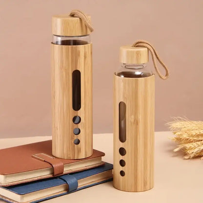 Bamboo shell glass water bottle kitchen sports drinkware with handle