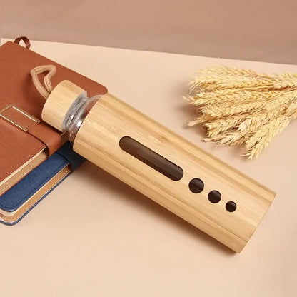 Bamboo shell glass water bottle kitchen sports drinkware with handle