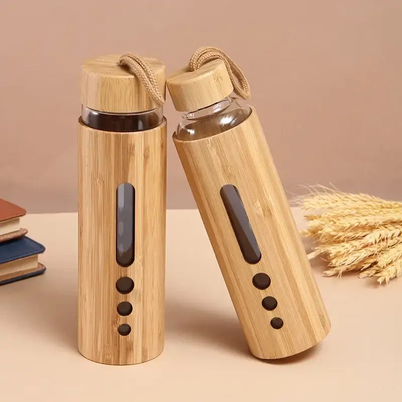 Bamboo shell glass water bottle kitchen sports drinkware with handle