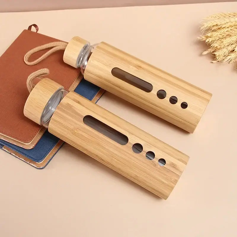 Bamboo shell glass water bottle kitchen sports drinkware with handle