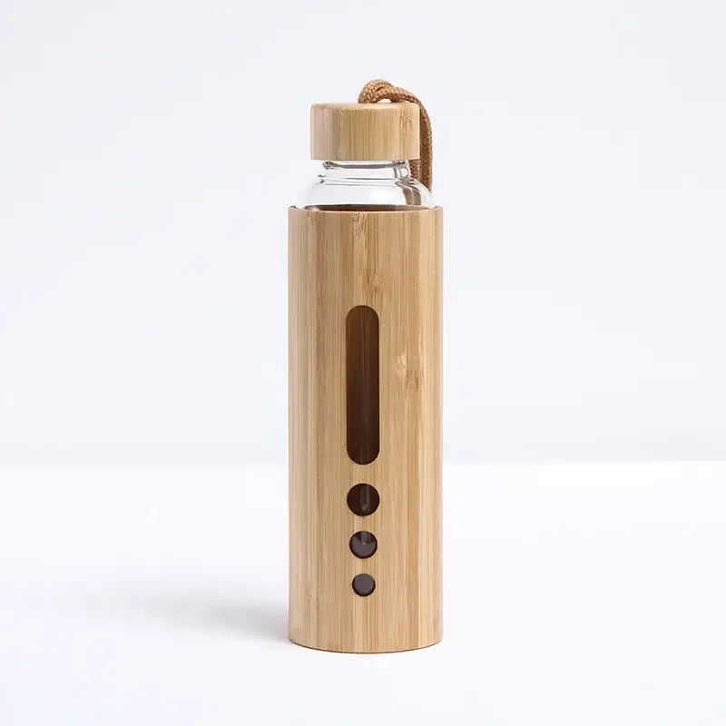 Bamboo shell glass water bottle kitchen sports drinkware with handle