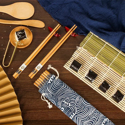 Bamboo sushi rolling mat and onigiri rice paddles kitchen tool
