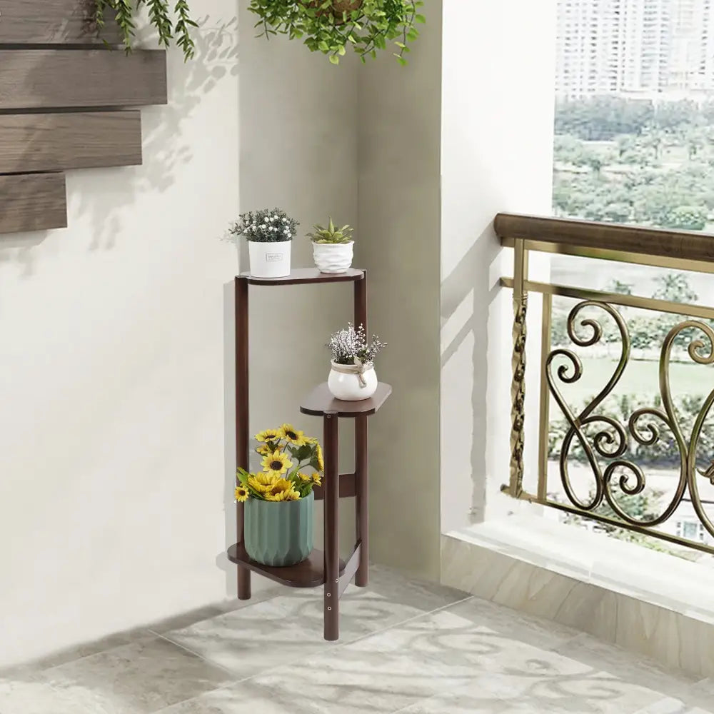Modern dark wood bamboo tall corner plant stand living room 3 tier