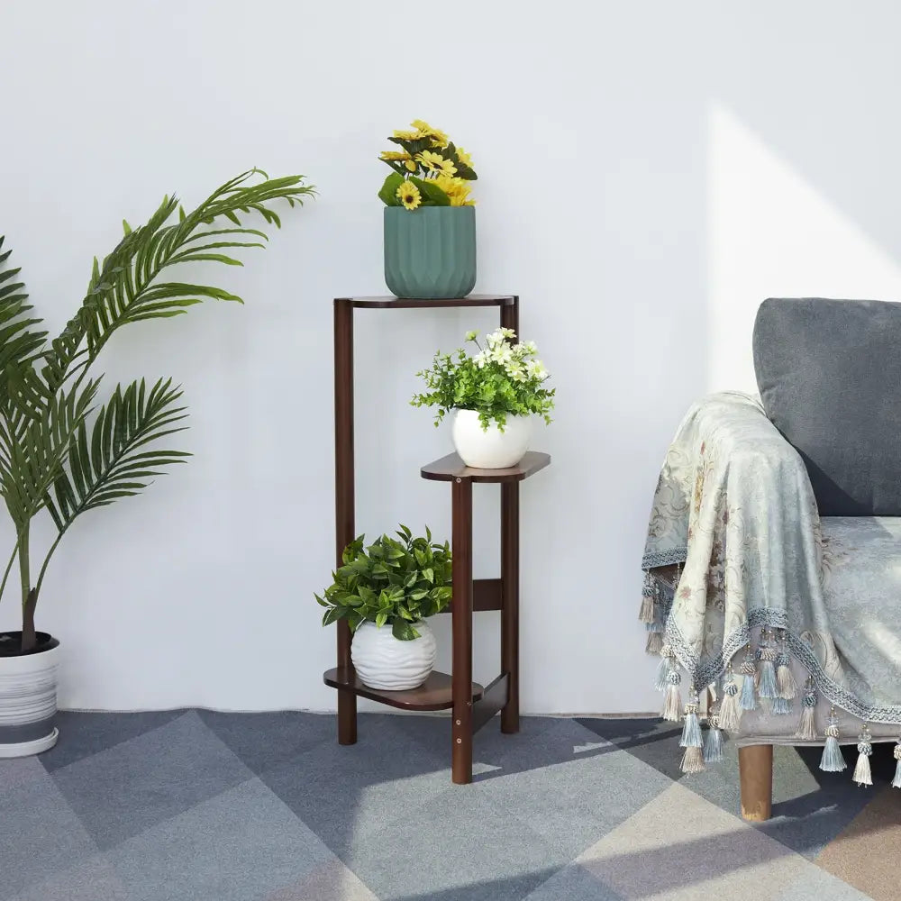 Modern dark wood bamboo tall corner plant stand living room 3 tier