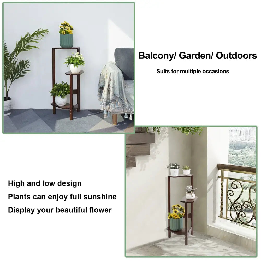 Modern dark wood bamboo tall corner plant stand living room 3 tier