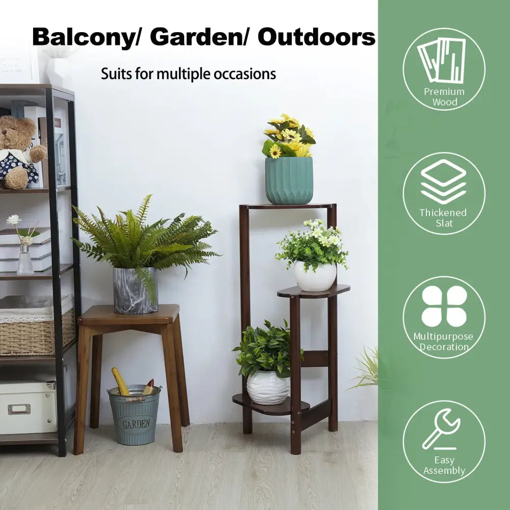 Modern dark wood bamboo tall corner plant stand living room 3 tier