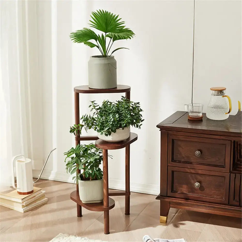 Modern dark wood bamboo tall corner plant stand living room 3 tier
