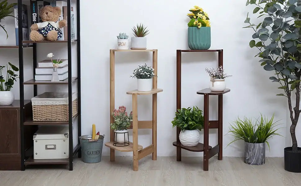 Modern dark wood bamboo tall corner plant stand living room 3 tier