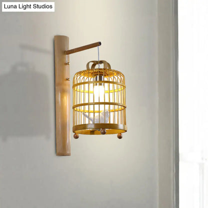 DecorBites™ Bamboo Wall Mount Sconce Lamp with Asian Flair - Wood Cage Design, 1 Bulb, White Bird Deco