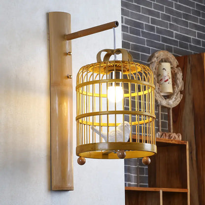 DecorBites™ Bamboo Wall Mount Sconce Lamp with Asian Flair - Wood Cage Design, 1 Bulb, White Bird Deco