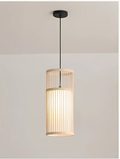 Bamboo wooden pendant lamp e27 – kitchen bar cylindrical light