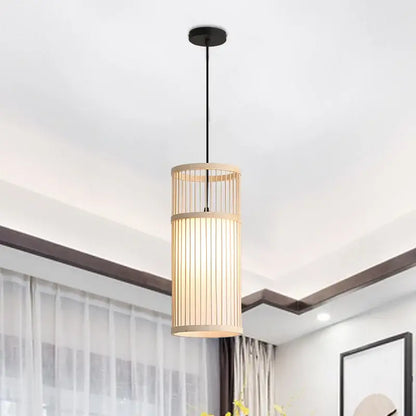 Bamboo wooden pendant lamp e27 – kitchen bar cylindrical light