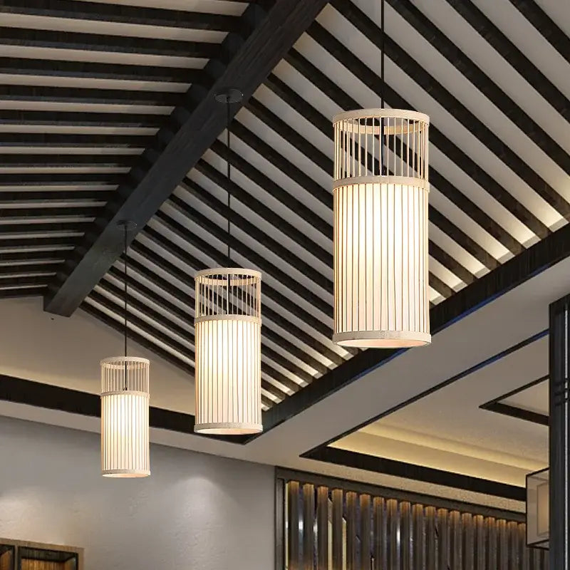 Bamboo wooden pendant lamp e27 – kitchen bar cylindrical light