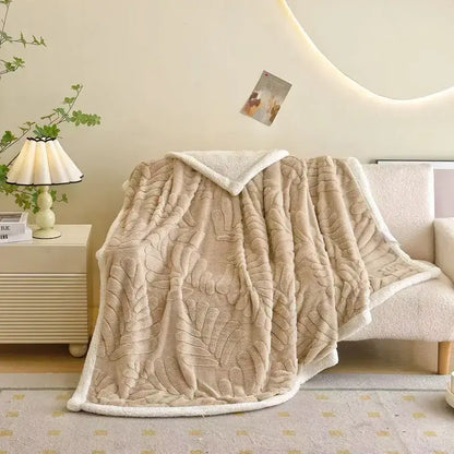 Banana leaf jacquard faux rabbit fur bedroom throw blanket