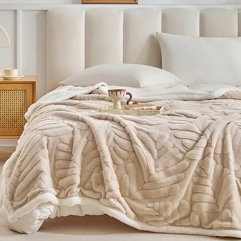 Banana leaf jacquard faux rabbit fur bedroom throw blanket