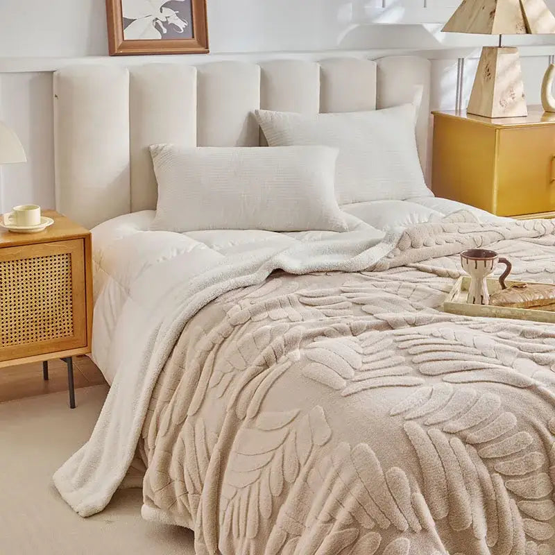 Banana leaf jacquard faux rabbit fur bedroom throw blanket