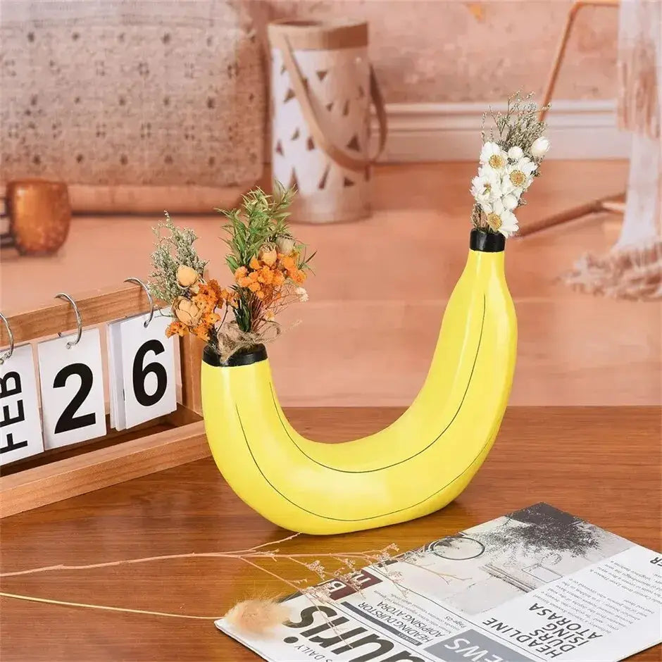 Yellow and black banana shape resin flower vase kitchen decor