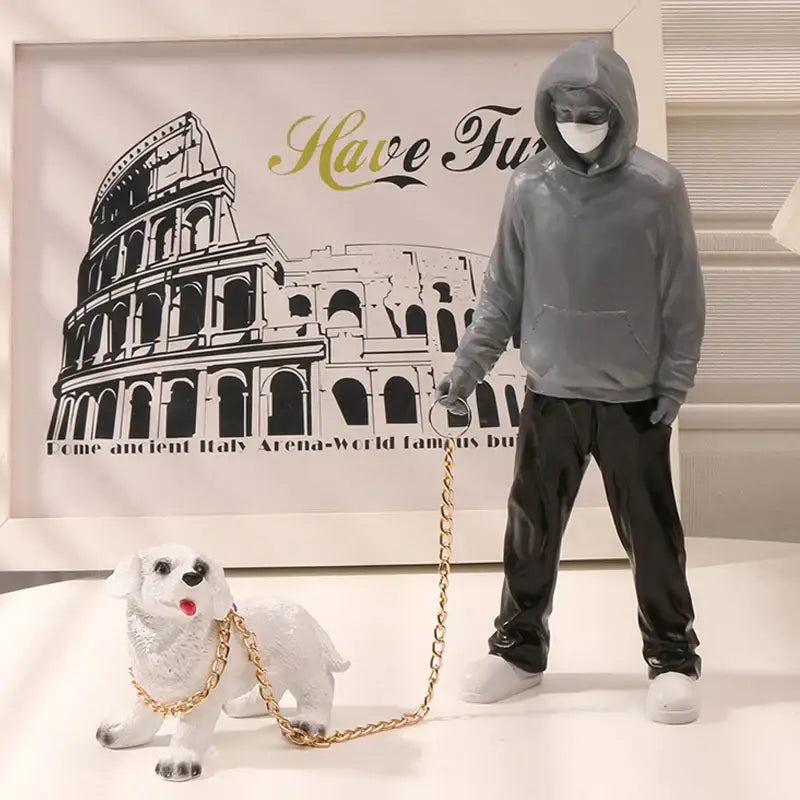 Banksy dog walker black & white resin statue living room street art