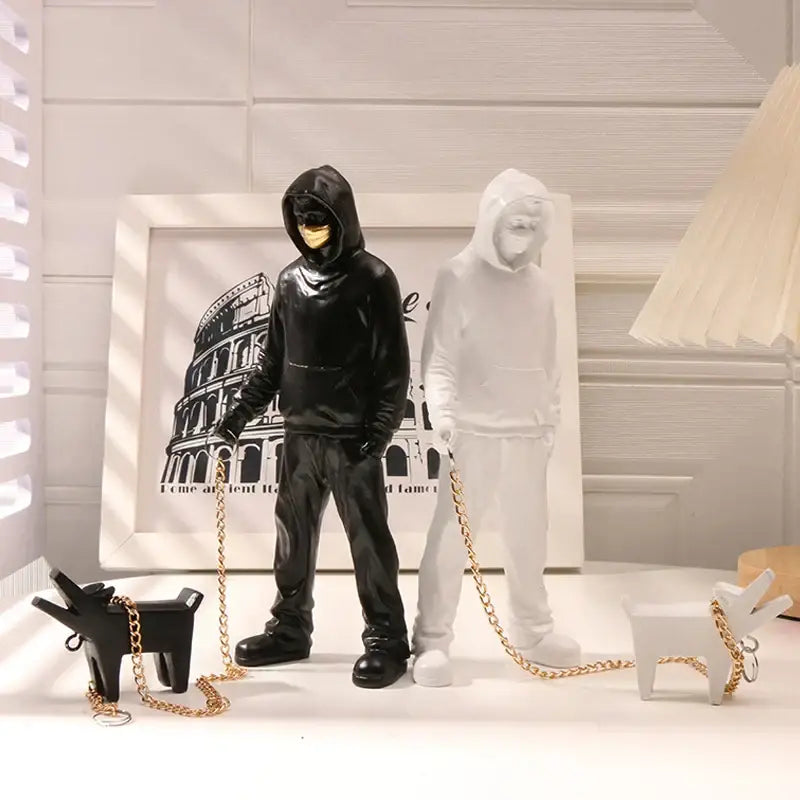Banksy dog walker black & white resin statue living room street art