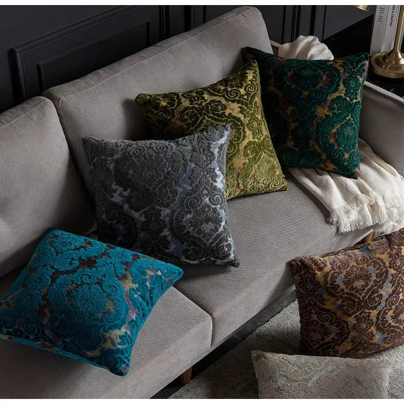 Baroque beige & silver damask cut velvet cushion covers living room