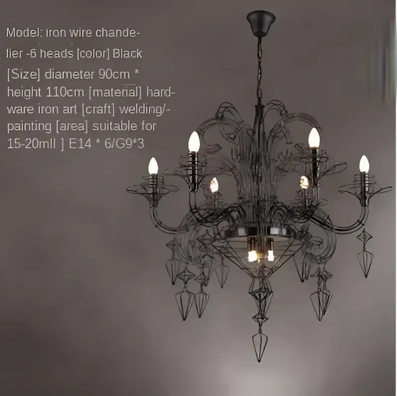 Baroque black candle chandelier with crystals for living room