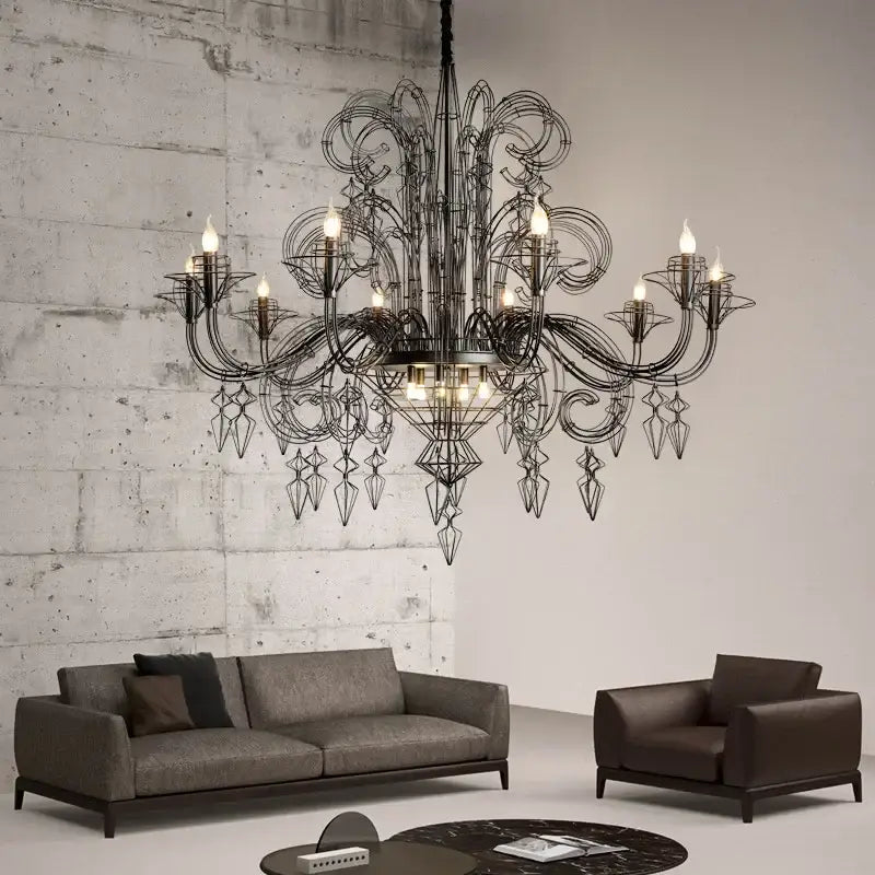 Baroque black candle chandelier with crystals for living room