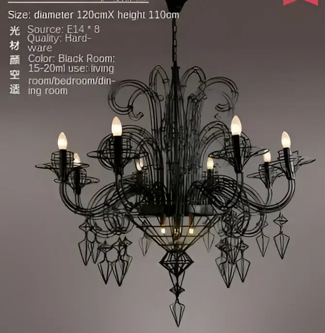 Baroque black candle chandelier with crystals for living room