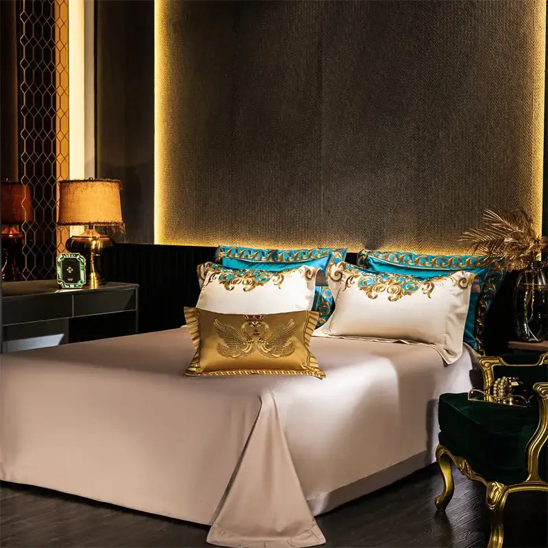 Baroque blue & gold embroidered cotton bedding set bedroom luxury