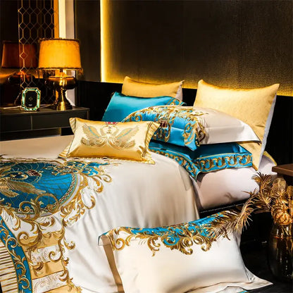 Baroque blue & gold embroidered cotton bedding set bedroom luxury