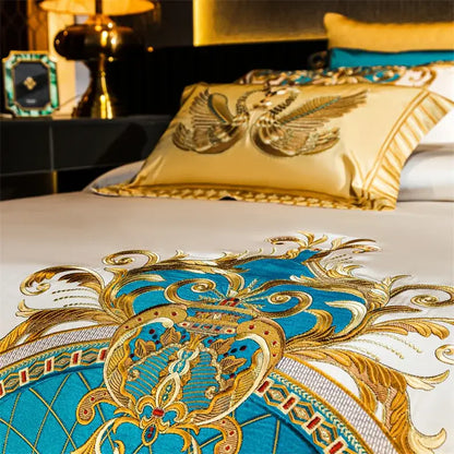 Baroque blue & gold embroidered cotton bedding set bedroom luxury