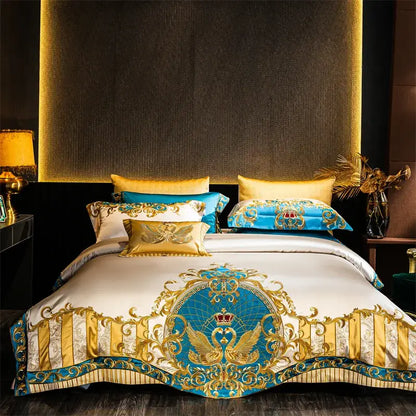 Baroque blue & gold embroidered cotton bedding set bedroom luxury