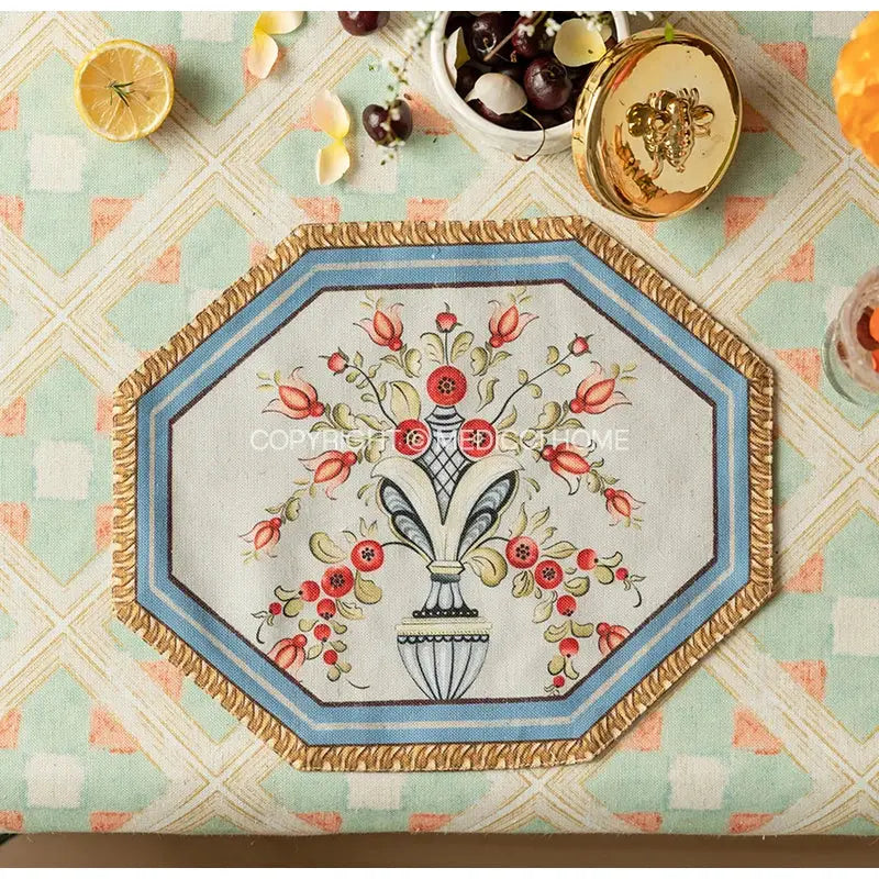 Baroque flowers fringe placemat set red & green dining room decor