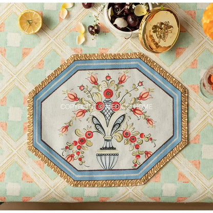 Baroque flowers fringe placemat set red & green dining room decor