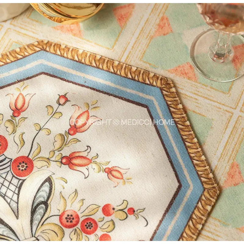 Baroque flowers fringe placemat set red & green dining room decor