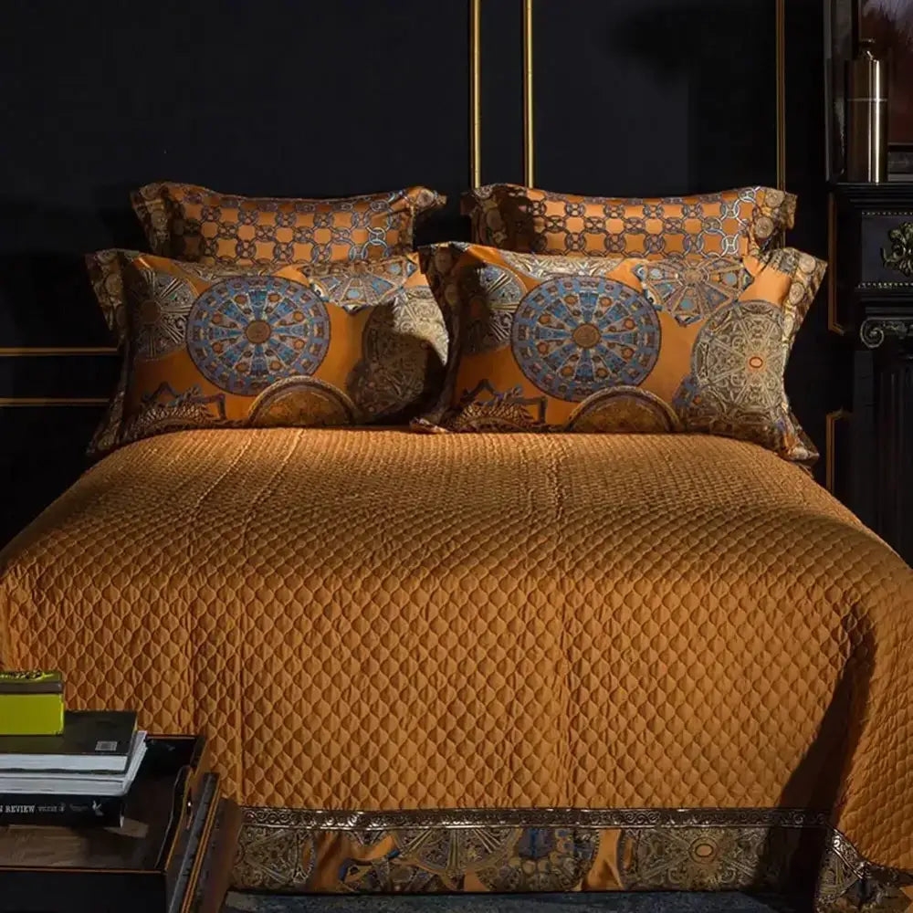 Baroque golden jacquard bedding set – gold & blue bedroom linens
