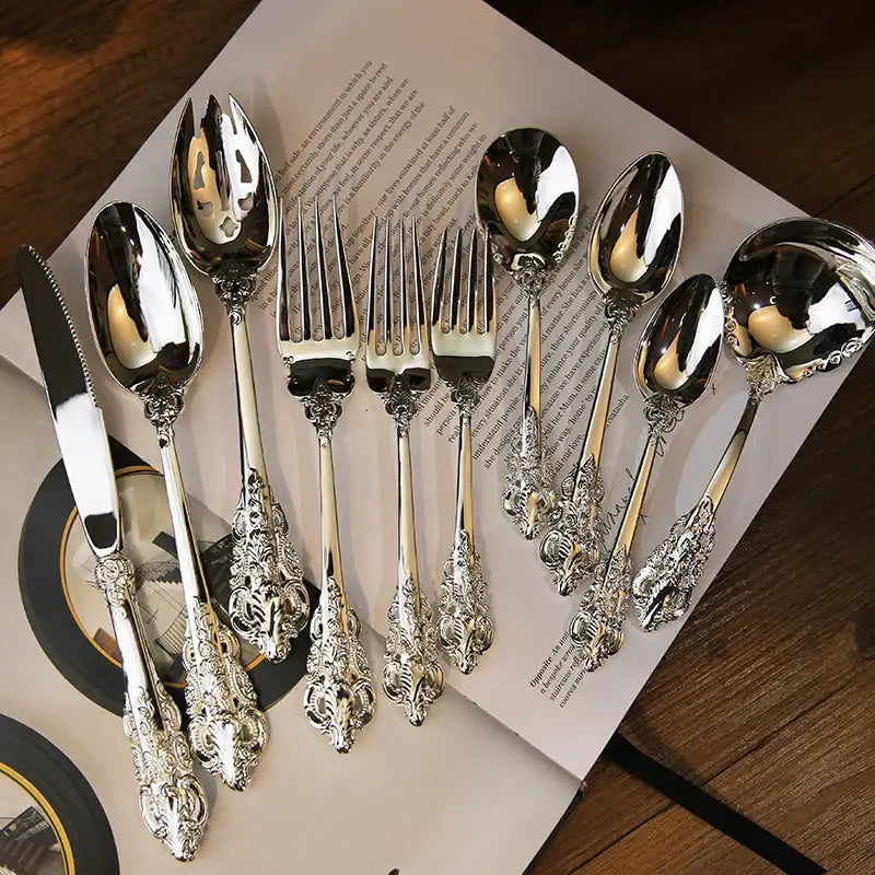 Baroque silver cutlery set 10 pcs dining room floral flatware