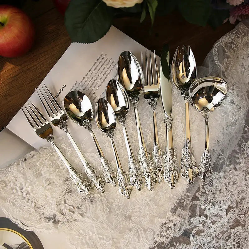 Baroque silver cutlery set 10 pcs dining room floral flatware