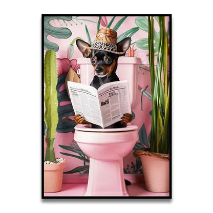 Funny black cat reading newspaper canvas wall art for bathroom