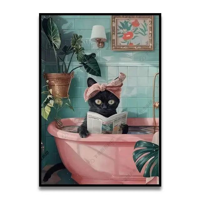 Funny black cat reading newspaper canvas wall art for bathroom