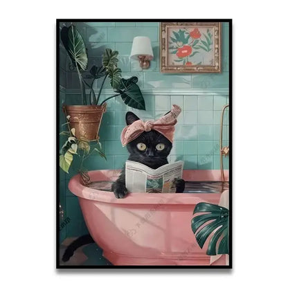 Funny black cat reading newspaper canvas wall art for bathroom