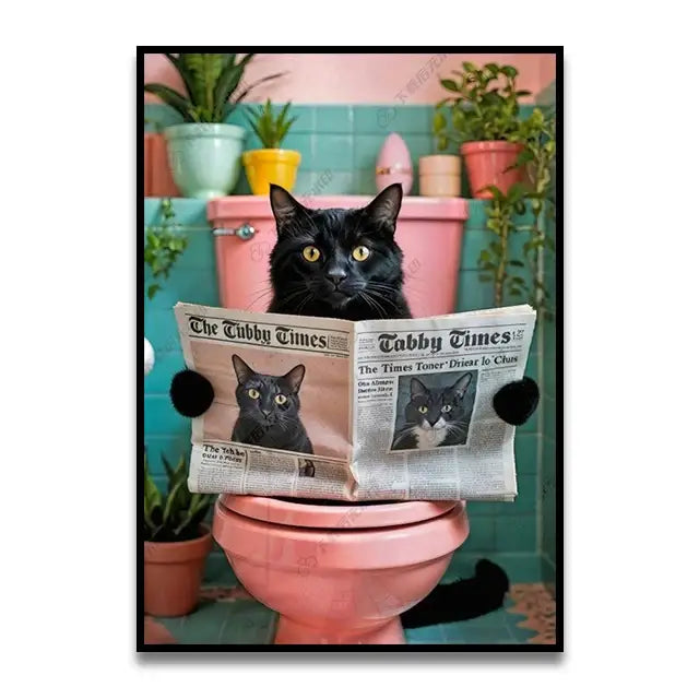 Funny black cat reading newspaper canvas wall art for bathroom