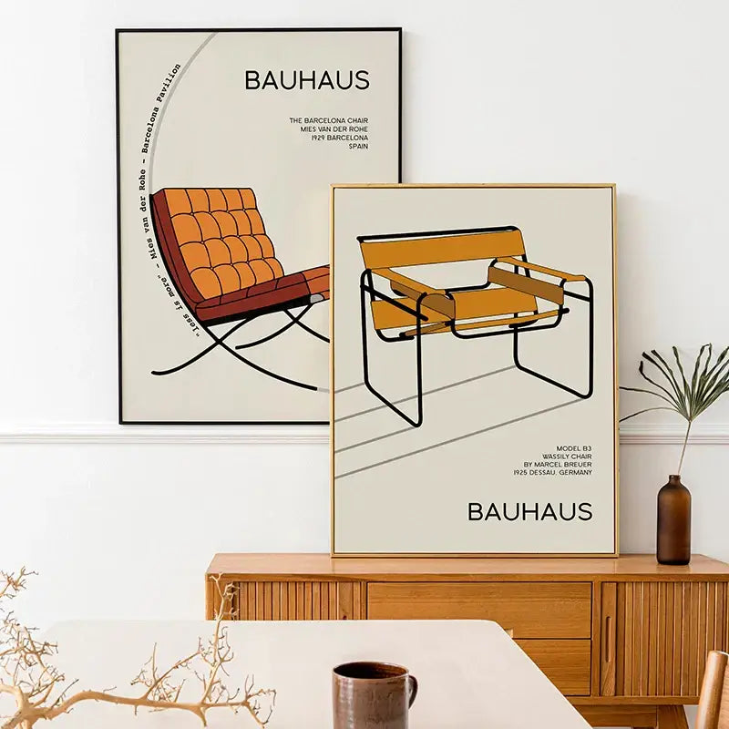 Bauhaus movement geometric orange & blue wall art living room poster