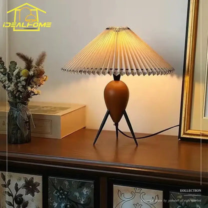 Bauhaus pleated wood table lamp bedroom tripod desk light