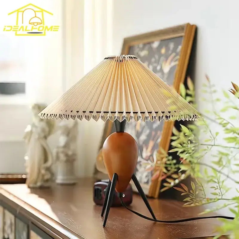 Bauhaus pleated wood table lamp bedroom tripod desk light