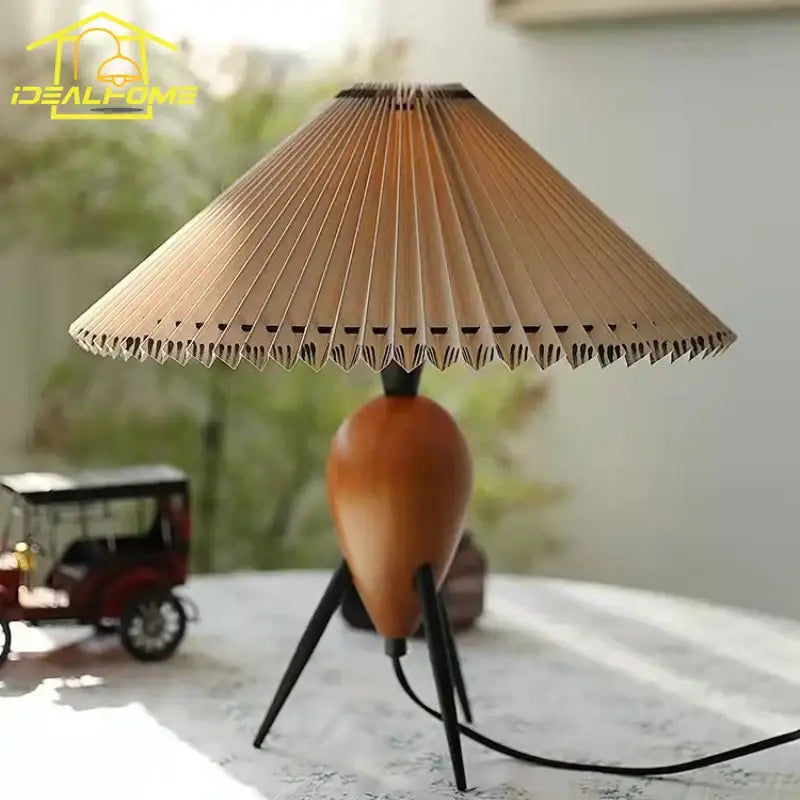 Bauhaus pleated wood table lamp bedroom tripod desk light